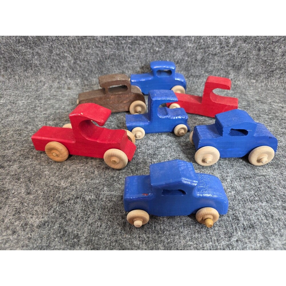 Handmade Vintage Wood Car Toy Lot of 7 Classic Style Cars Red Brown Blue